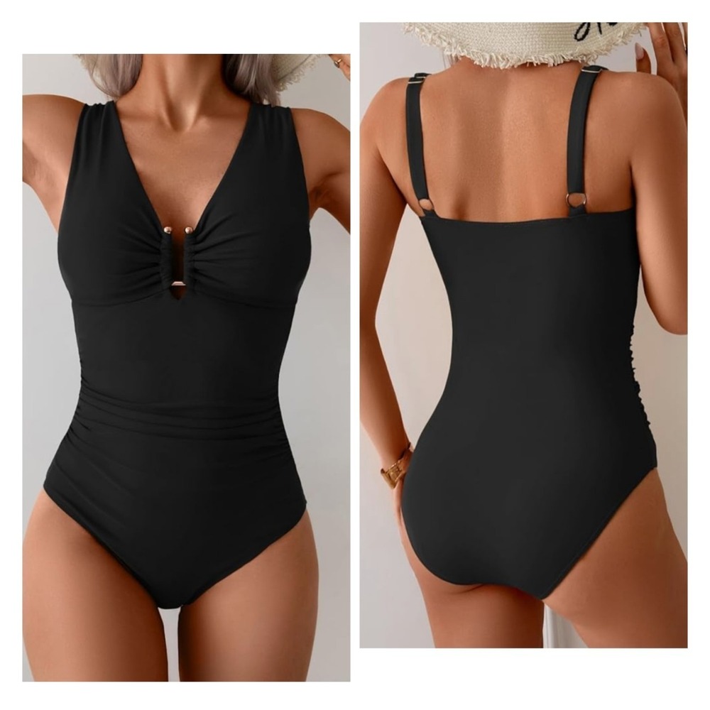 B2Prity Black Ruched W Gold Accents One-Piece Swimsuit S NWT